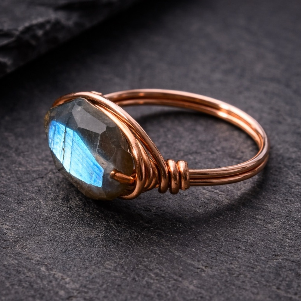 Natural faceted labradorite every day talisman wire wrapped ring, solid copper